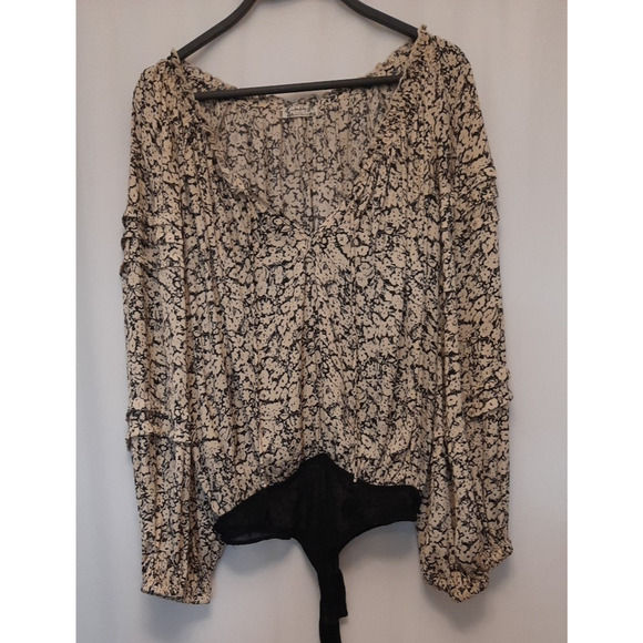 Free People loose blouse top with bodysuit tan and black w/ tassels boho small - Picture 1 of 7